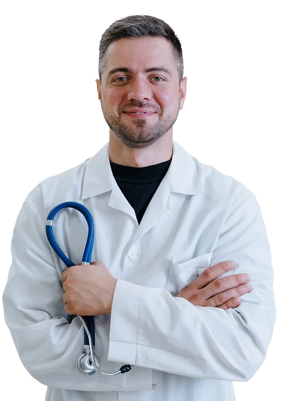 portrait male doctor white coat with stethoscope his hands against background modern mri panoramic photo 1