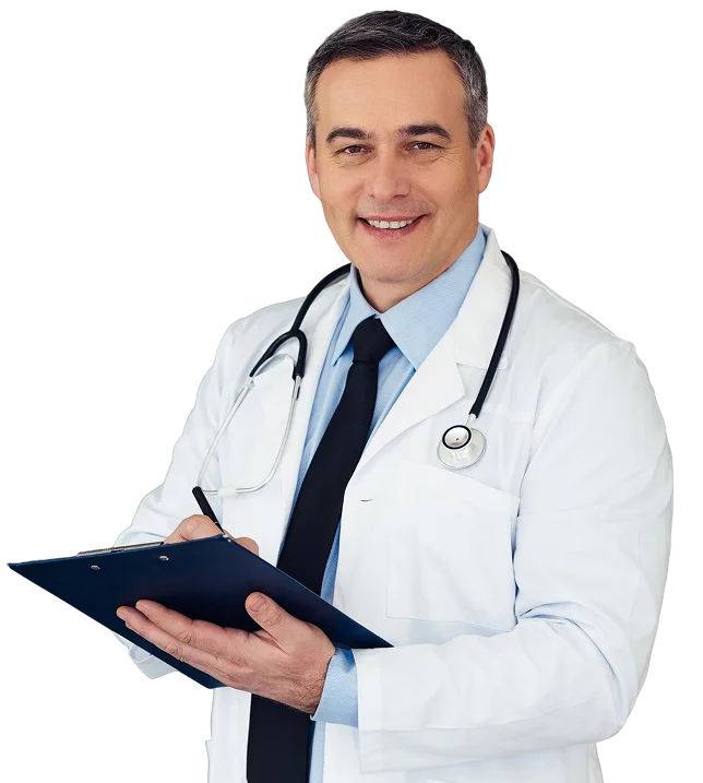tell me about your habits mature male doctor making notes clipboard looking camera with smile while standing against grey background 1