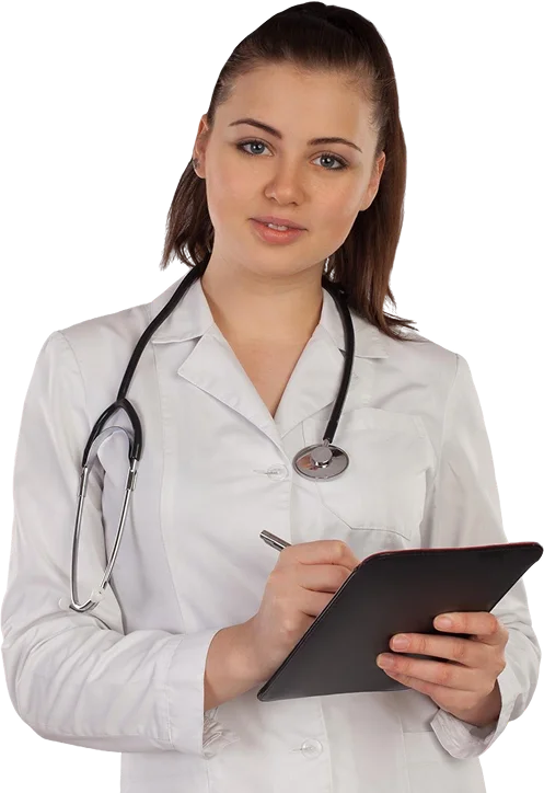 nurse white robe is writting something against grey background 1 1